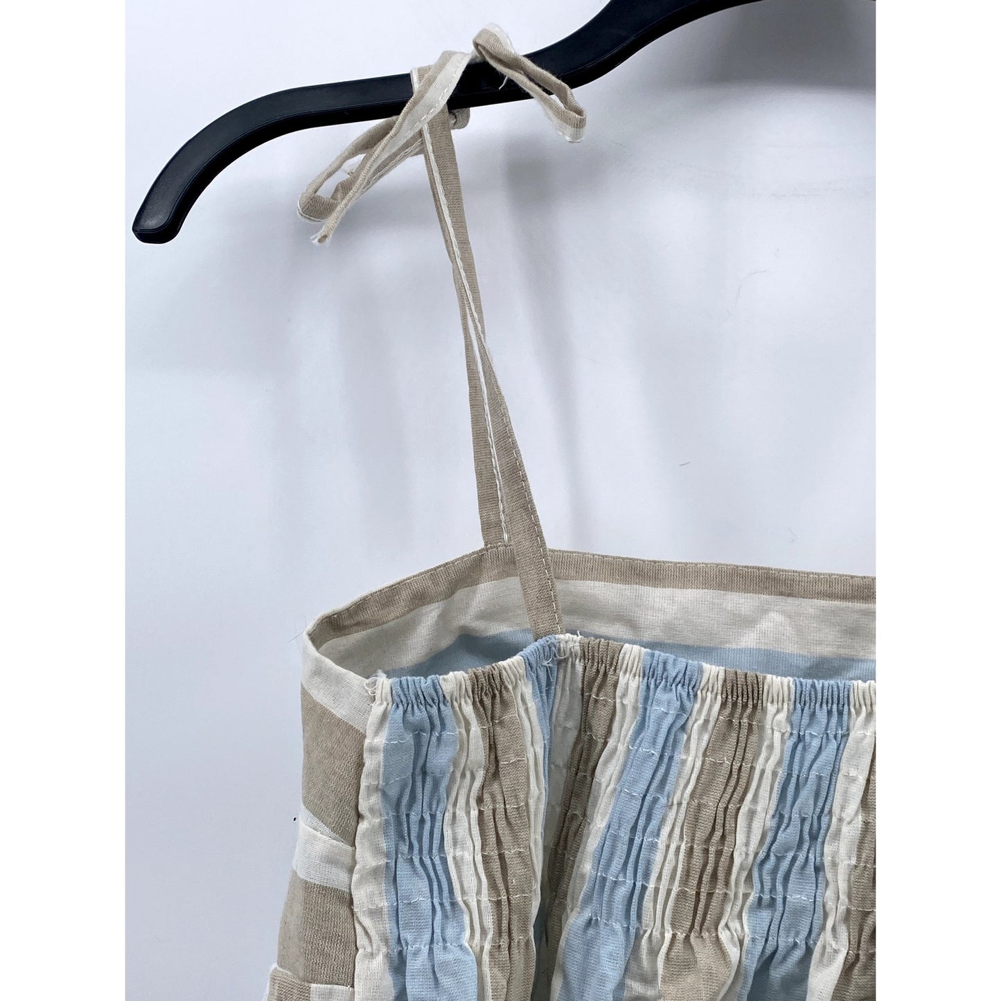 UNBRANDED Women's Blue-Tan Striped Straight-Neck Tie-Strap Ruffle Top SZ S