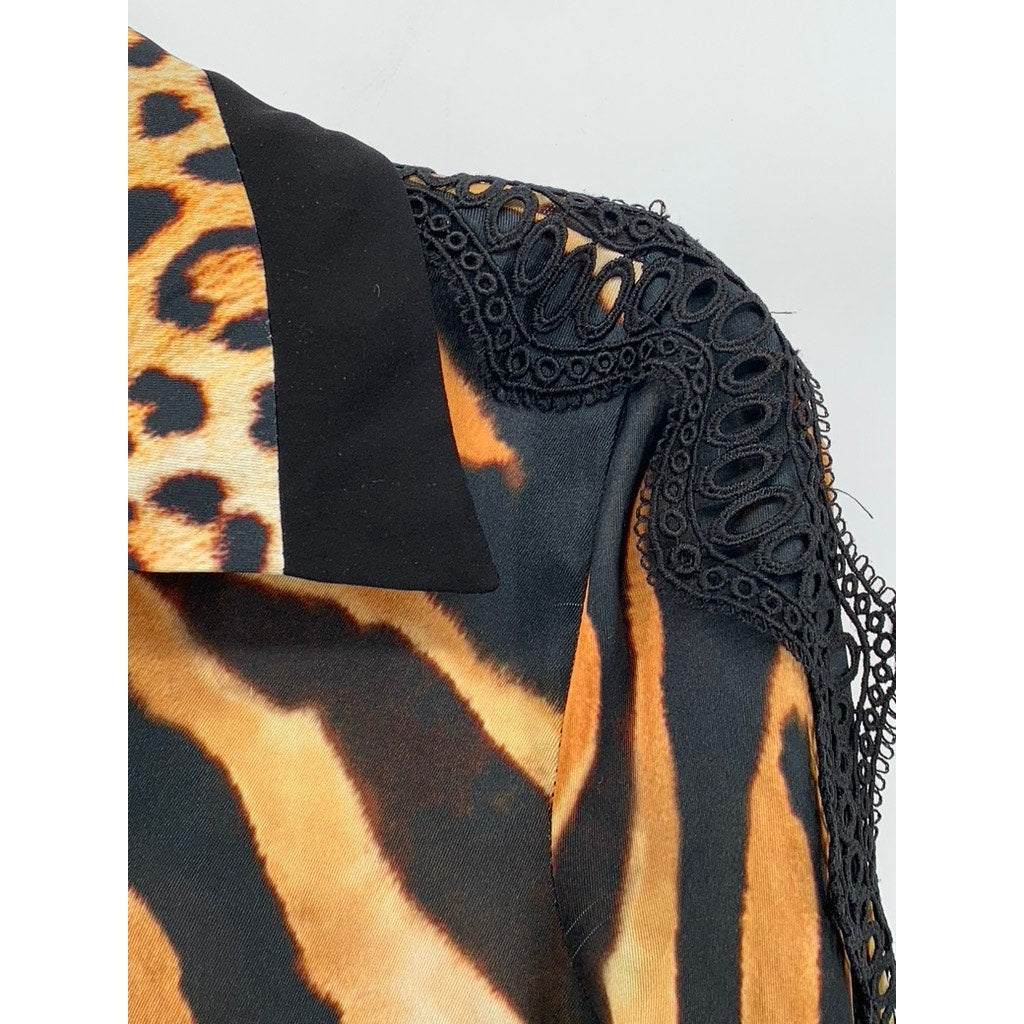 GENESE Women's Black-Brown Animal Print Long Sleeve Button-Up Top SZ 2