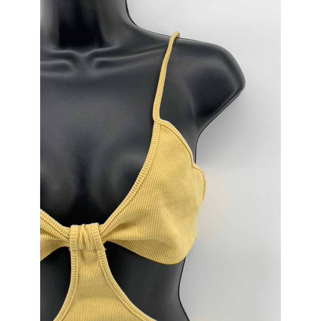 HEY BABE Women’s Yellow Ribbed V-Neck Cut-Out Spaghetti Strap Mini Dress SZ M