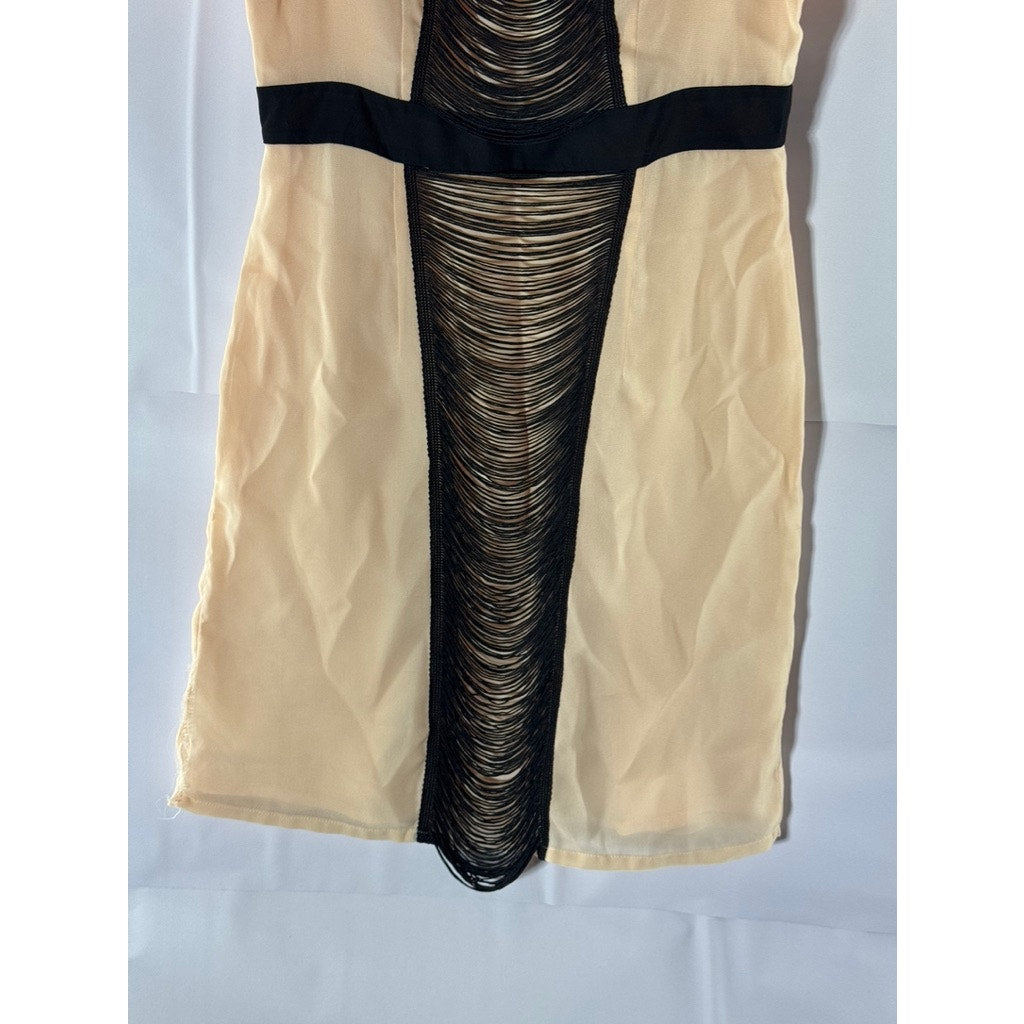 FEVER LONDON Women's Beige/Black Crewneck Fringe Short Sleeve Dress SZ 8