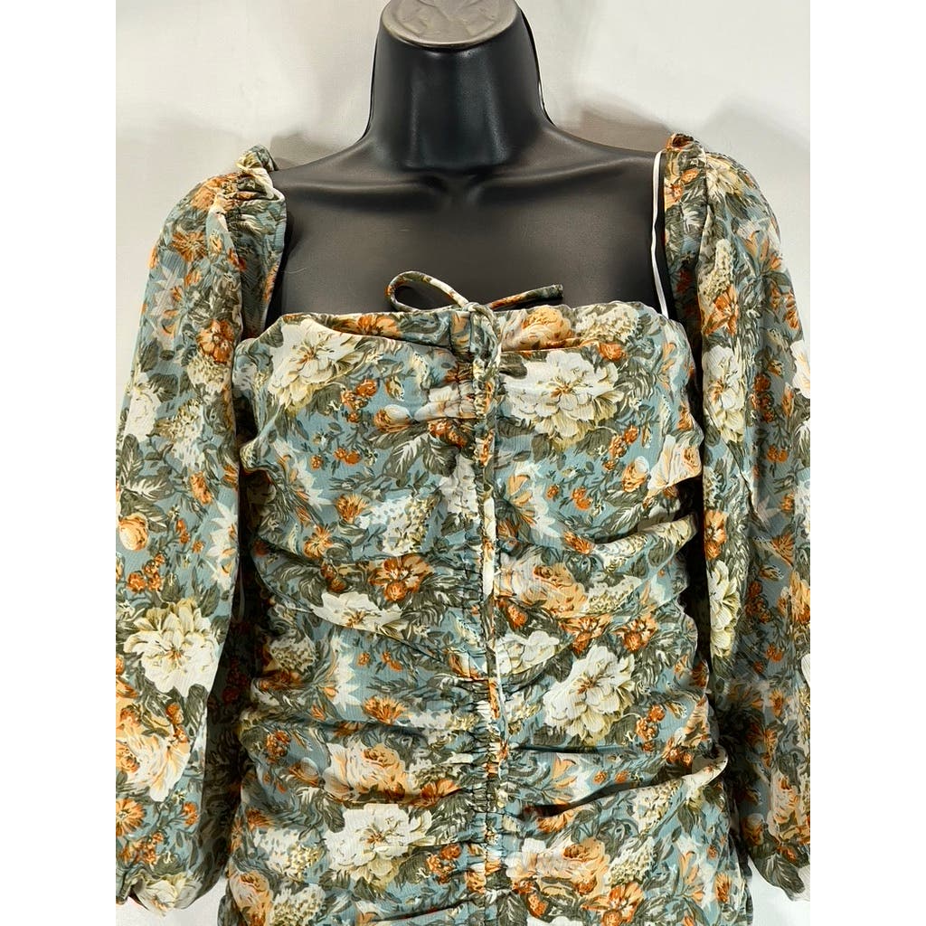 HELLO MOLLY Women's Sage Floral Basque Country Bodycon Ruched Dress SZ 4