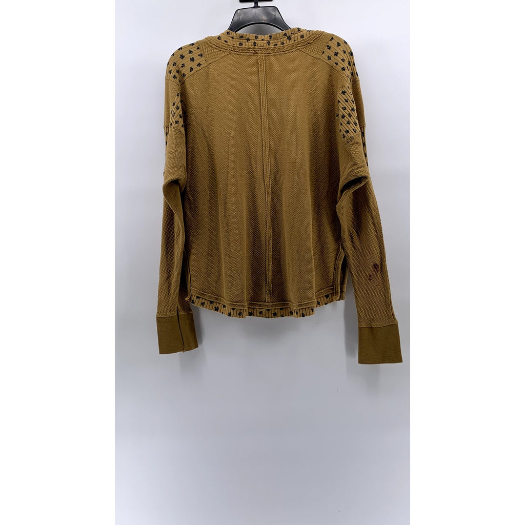 FREE PEOPLE Women's Tan Floral Henley Thermal Long Sleeve Top SZ M