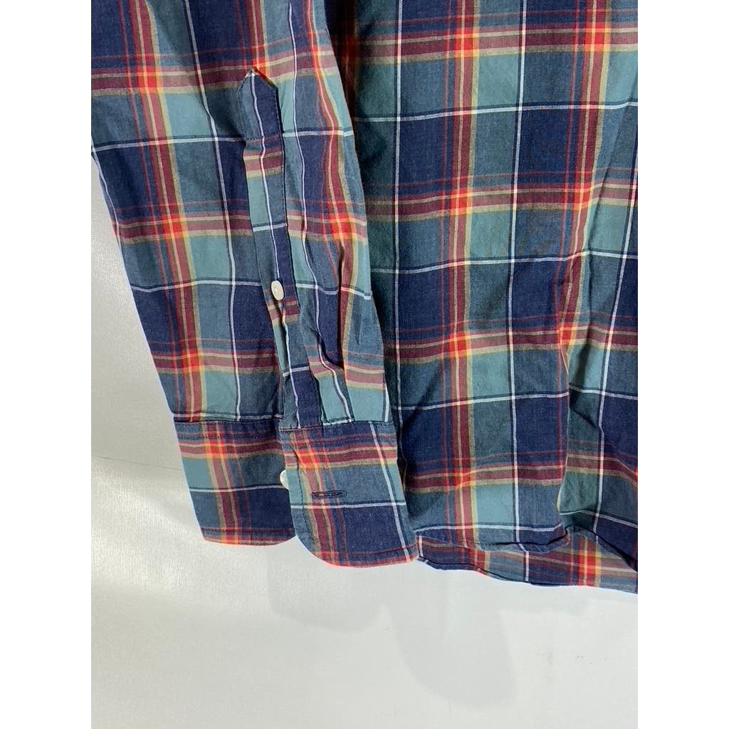 J.CREW Men's Blue/Red Plaid Heathered Cotton Button-Up Long Sleeve Shirt SZ L