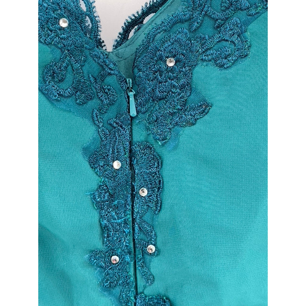 UNBRANDED Women's Dark Green Floral Embroidered Lace Maxi Gown SZ 16