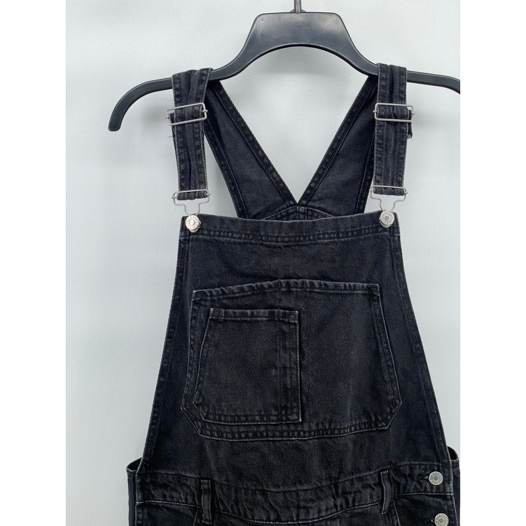TOPSHOP MOTO Women’s Black Denim Raw-Hem Short Overalls SZ 10