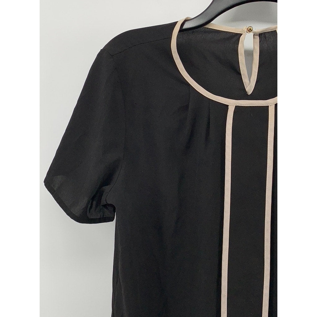 CALVIN KLEIN Women's Black-Cream Scoop-Neck Short Sleeve Stripe Trim Blouse SZ S