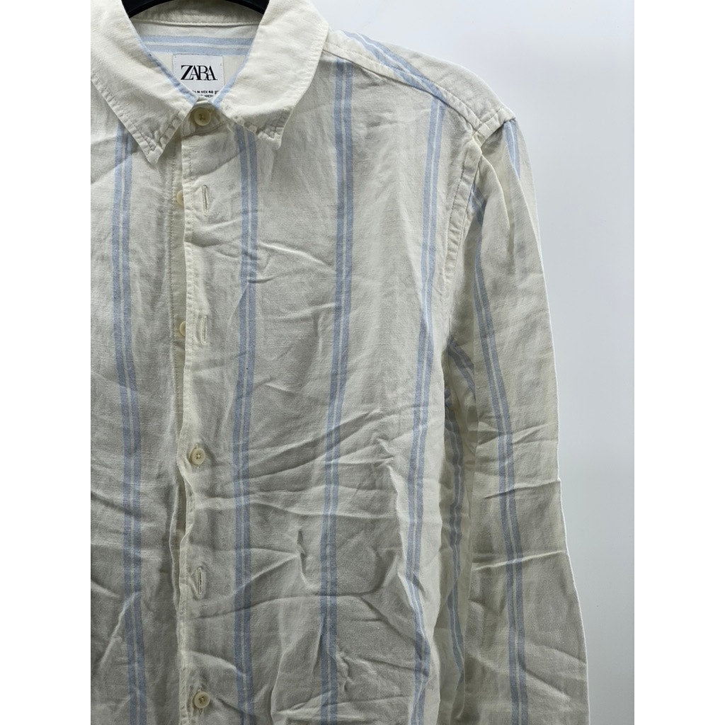 ZARA Men's White-Blue Striped Linen-Blend Button-Up Long Sleeve Top SZ M