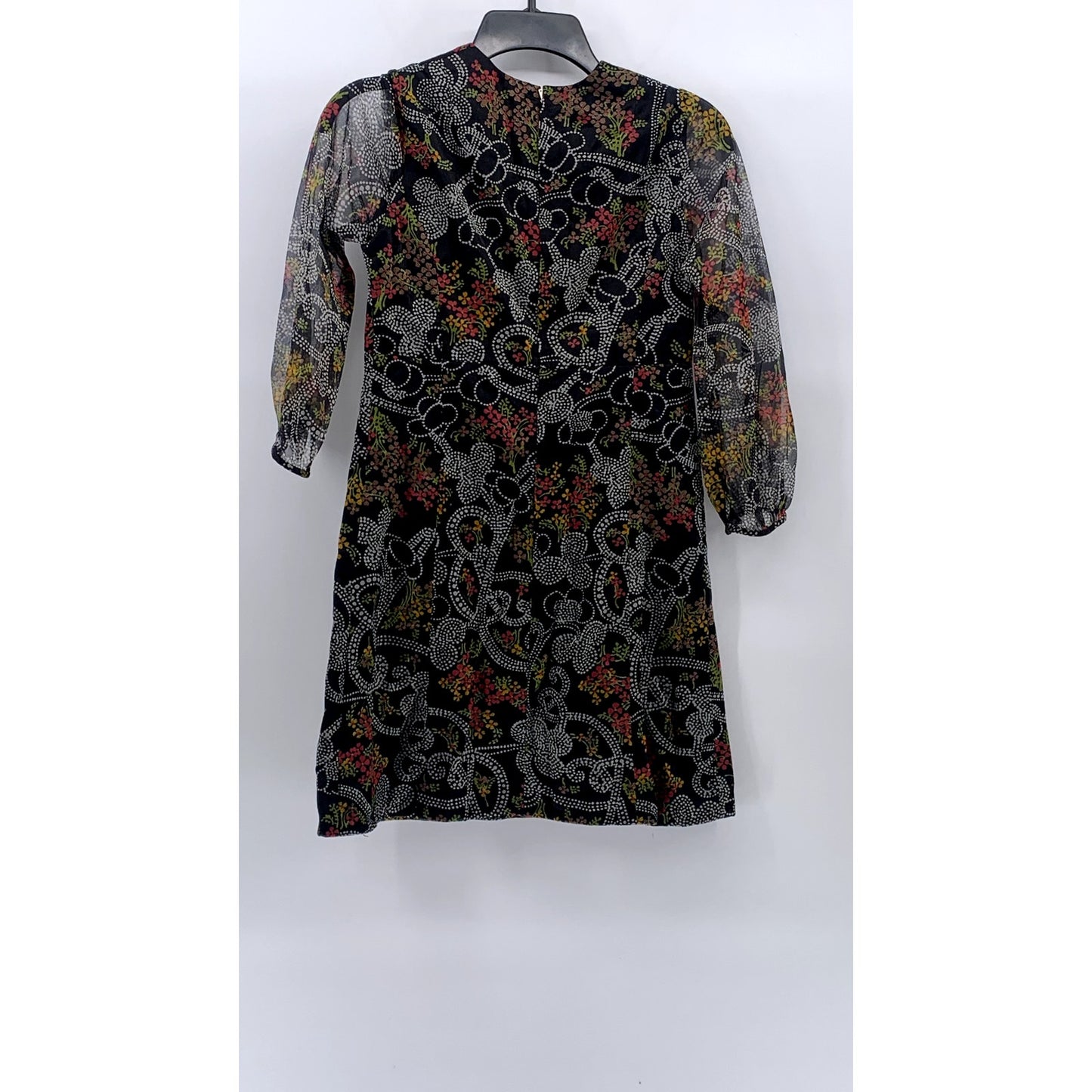UNBRANDED Black Floral Sheer Long Sleeve A-Line Crewneck Mini Dress SZ S