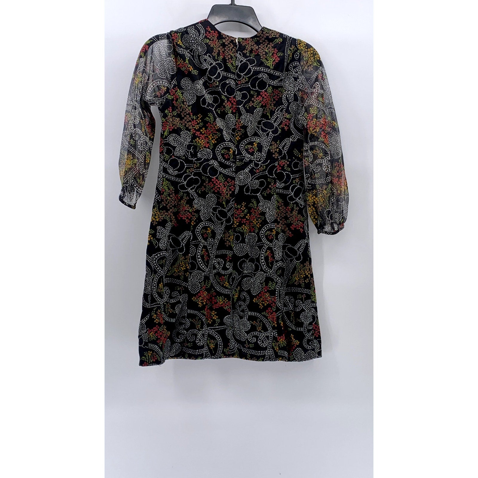 UNBRANDED Black Floral Sheer Long Sleeve A-Line Crewneck Mini Dress SZ S