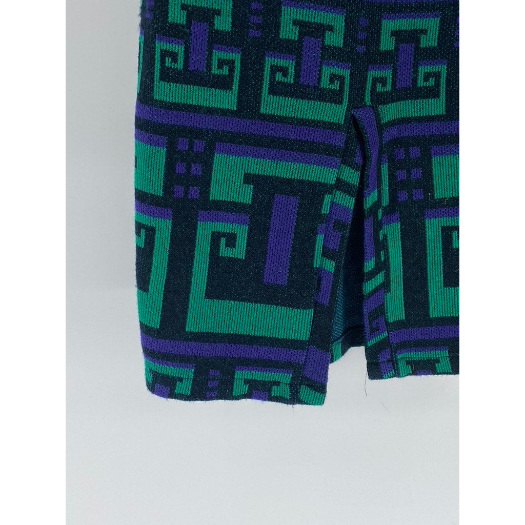 UNBRANDED Women’s Blue-Green Geo Print Long Sleeve Knit Midi Sweater Dress SZ L