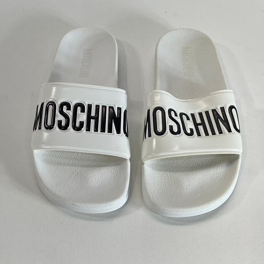 MOSCHINO Women's White/Black Oversized Logo Slip-On Pool Slide Sandals SZ 8