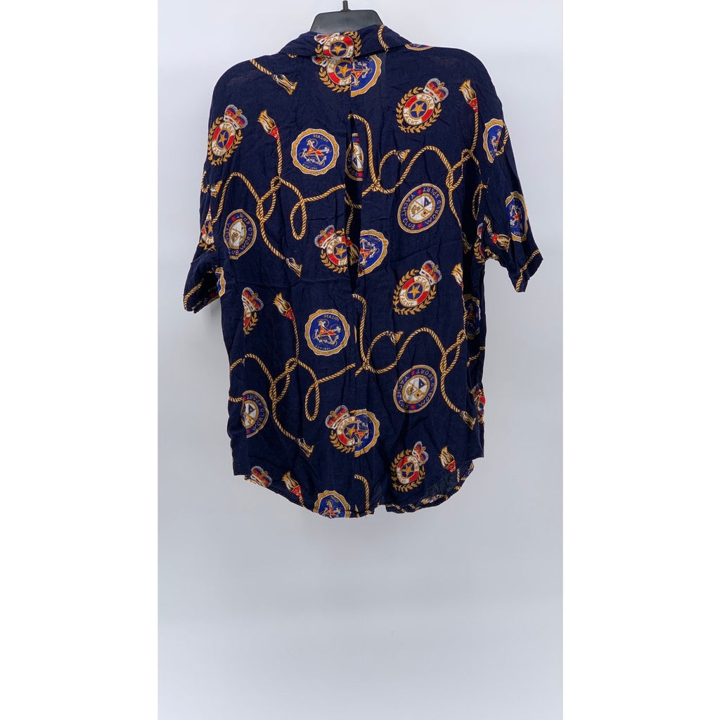 HUNTERS RUN Women's Vintage Navy Nautical Sailor Short Sleeve Button-Up Top SZ L