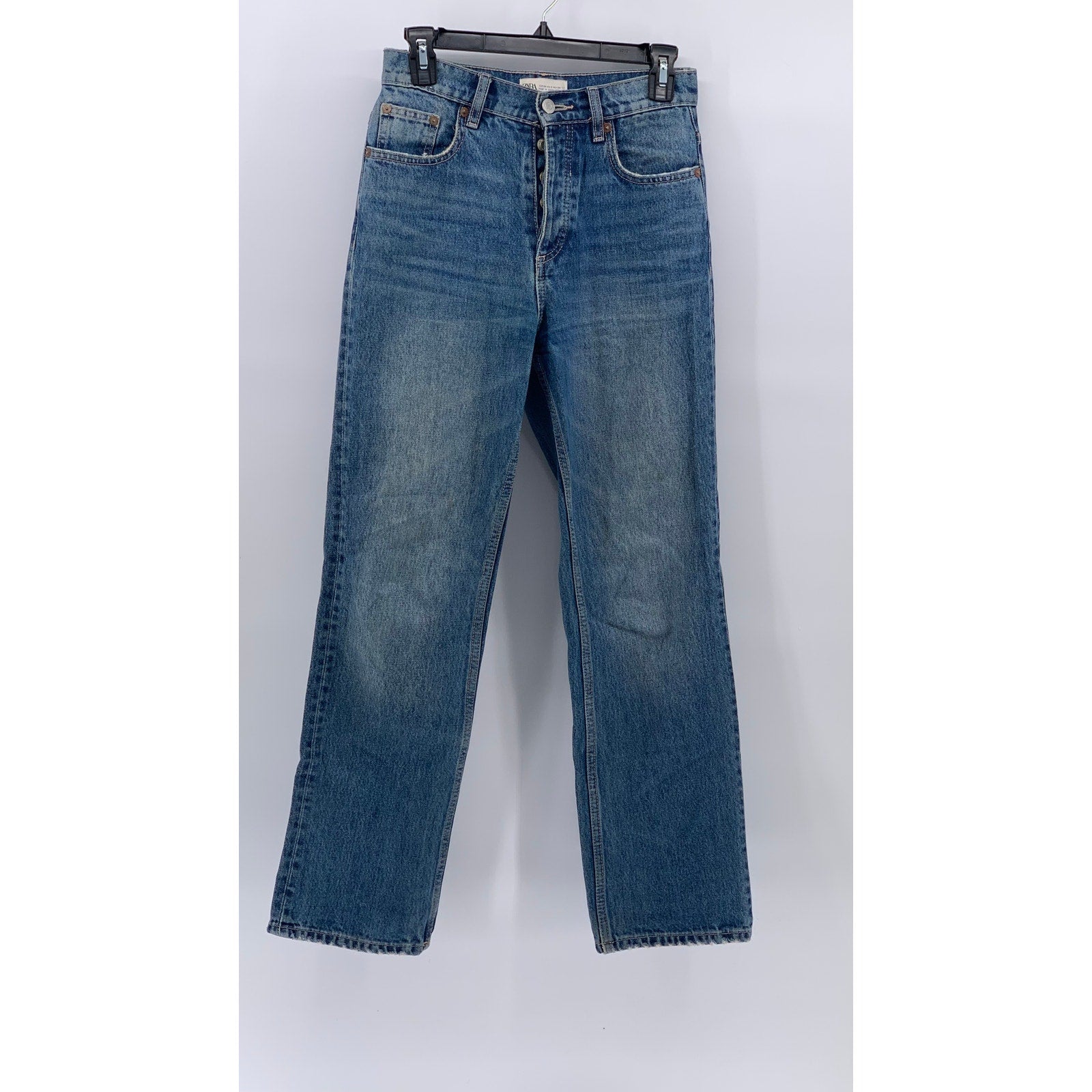 ZARA Women's Blue Denim High-Rise Straight-Leg Cotton Five-Pocket Jeans SZ 2