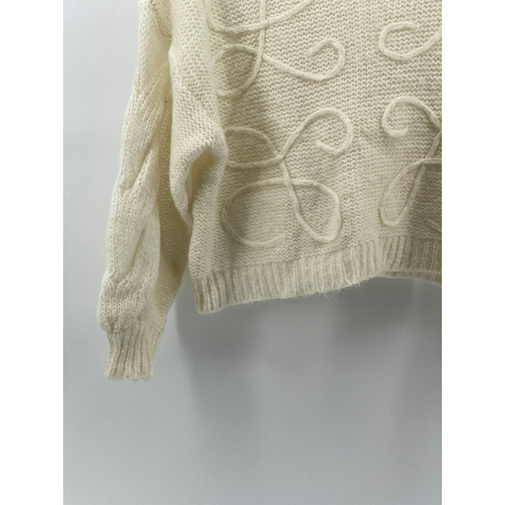 UNBRANDED Women's Cream Knit Drop Shoulder Long Sleeve Crewneck Sweater SZ S