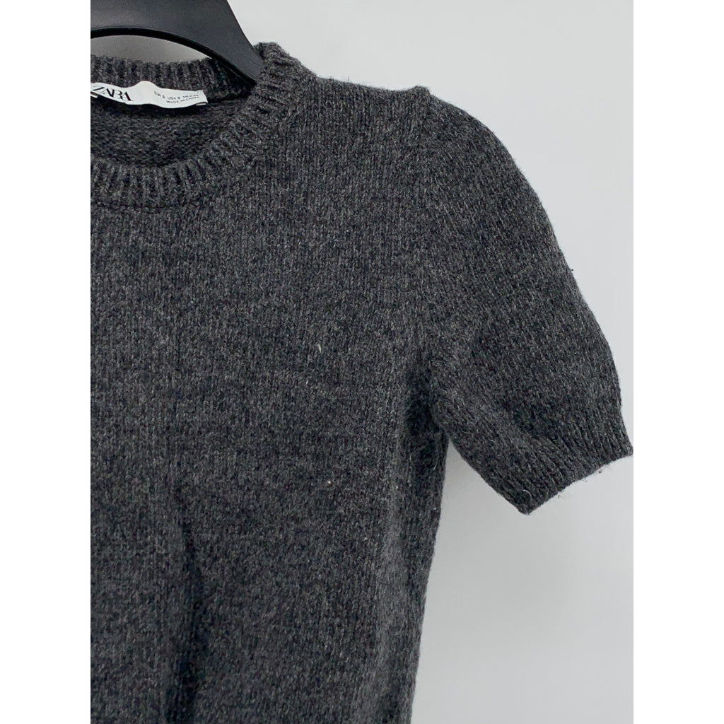 ZARA Women's Heather Gray Knit Crewneck Short Sleeve Cropped Sweater Top SZ S
