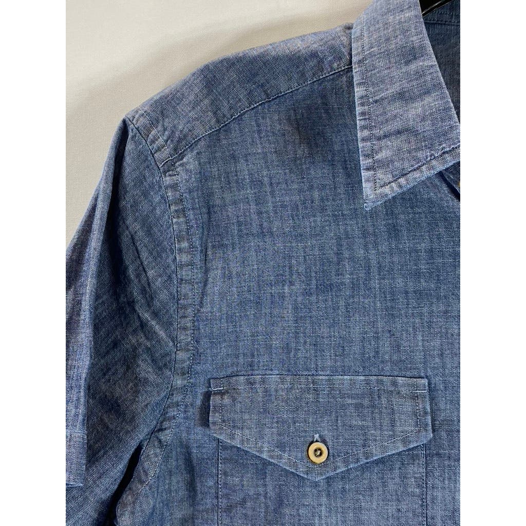 UNTUCKIT Men's Blue Chambray Terrano Slim-Fit Button-Up Short Sleeve Shirt SZ M