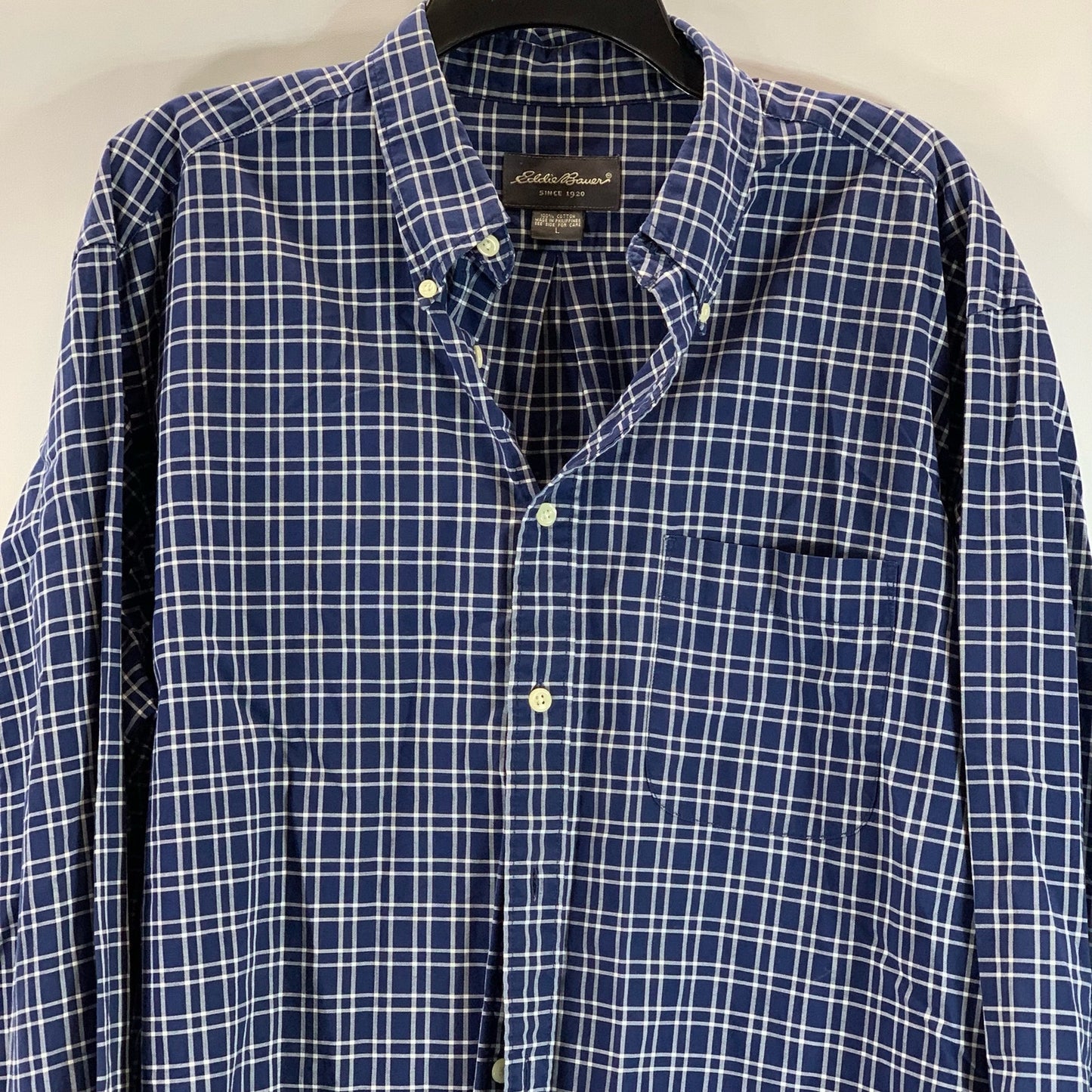 EDDIE BAUER Men's Navy Checkered Regular Fit Button-Up Long Sleeve Shirt SZ L