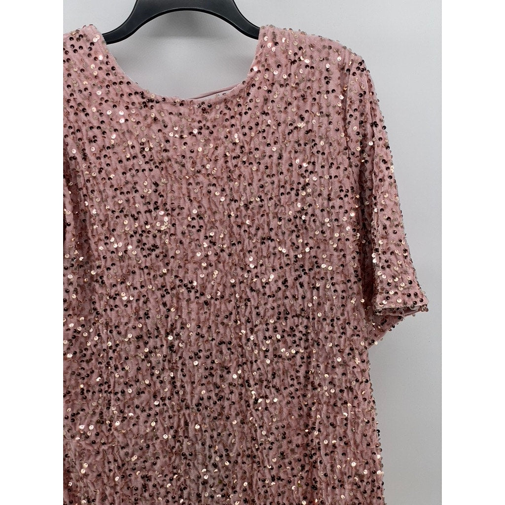 R. VIVIMOS Women's Pink Crewneck Sequin Open-Back Elbow Sleeve Mini Dress SZ L