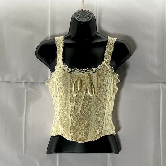 SHEIN ICON Women's Beige Straight-Neck Lace Tie-Front Tank Top SZ S