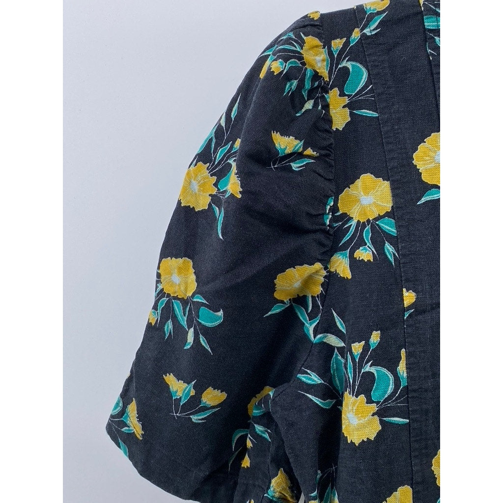 FREE PEOPLE Women's Black-Yellow Floral Adelle Short Sleeve Tunic Top SZ L