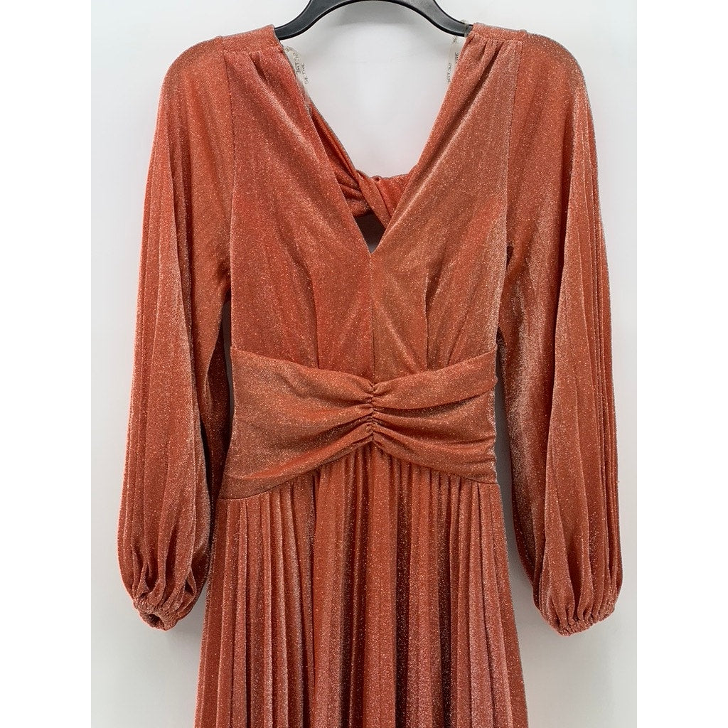 SETRE Women's Rust Orange Metallic Pleated V-Neck Long Sleeve Maxi Dress SZ S