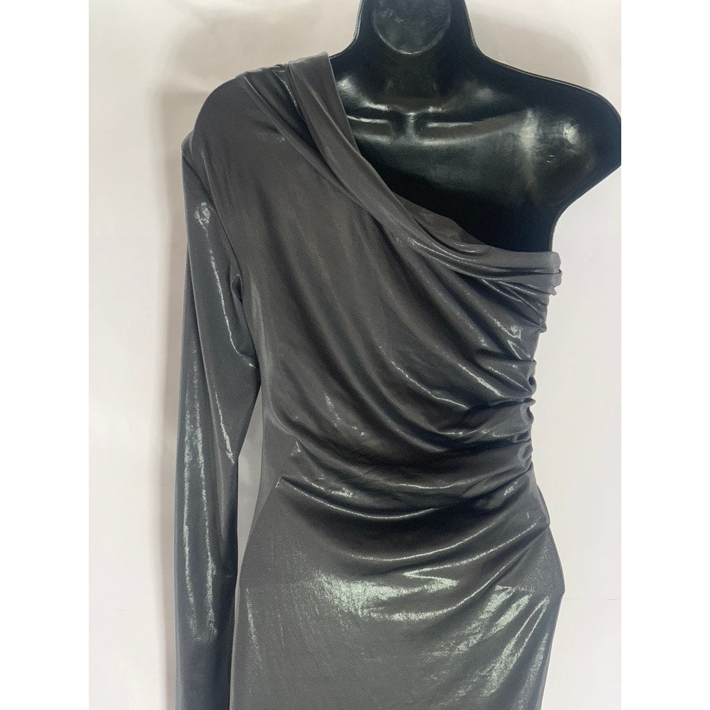 ZARA Women's Charcoal Metallic One Shoulder Long Sleeve Side Slit Maxi Dress SZS