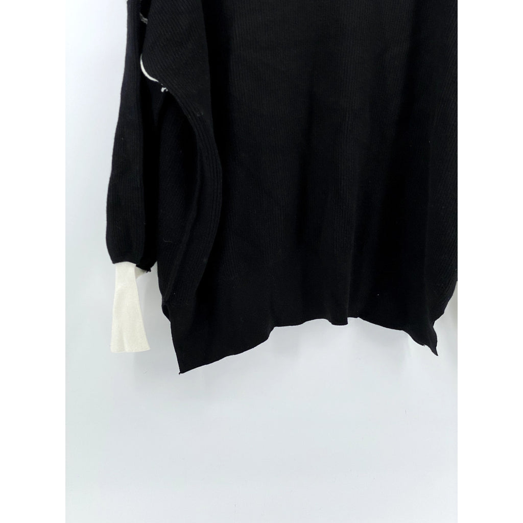 UNBRANDED Women's Black-White Crewneck Ribbed Drop Shoulder Sweater SZ M