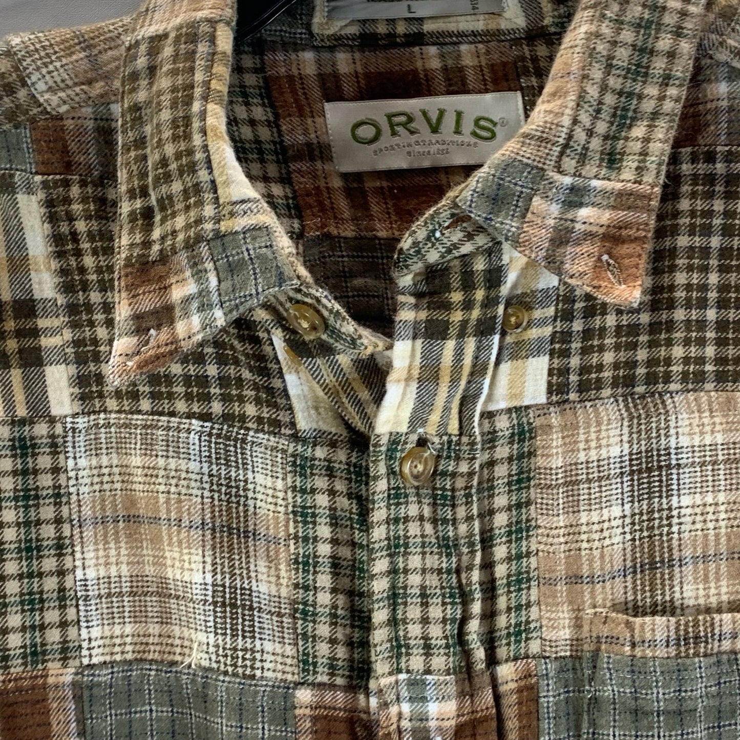 ORVIS Men's Green Cotton Patchwork Button-Up Long Sleeve Shirt SZ L