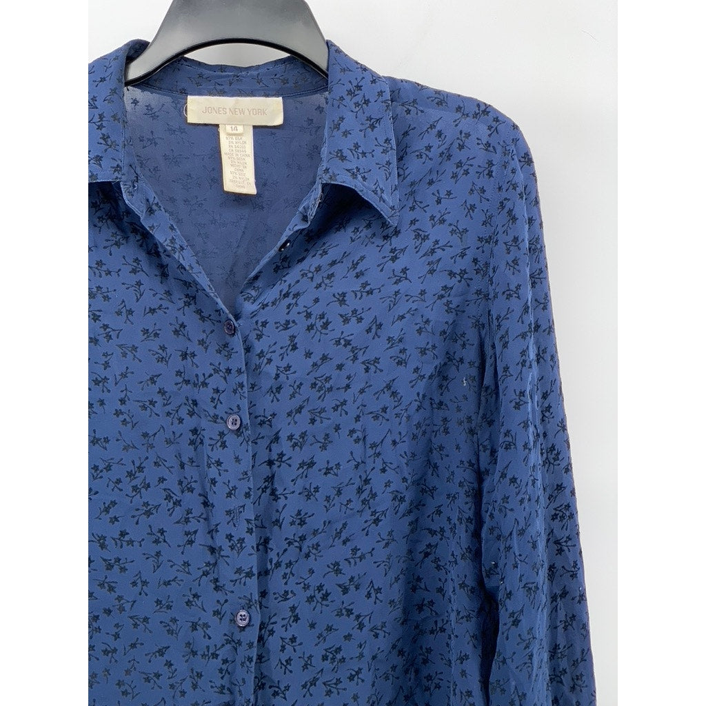 JONES NEW YORK Women's Blue Floral Sheer Button-Up  Long Sleeve Top SZ 14
