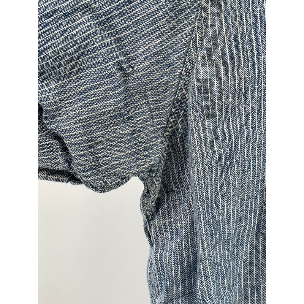 EVERLANE Men's Blue-White Micro Striped Linen Button-Up Short Sleeve Shirt SZ M