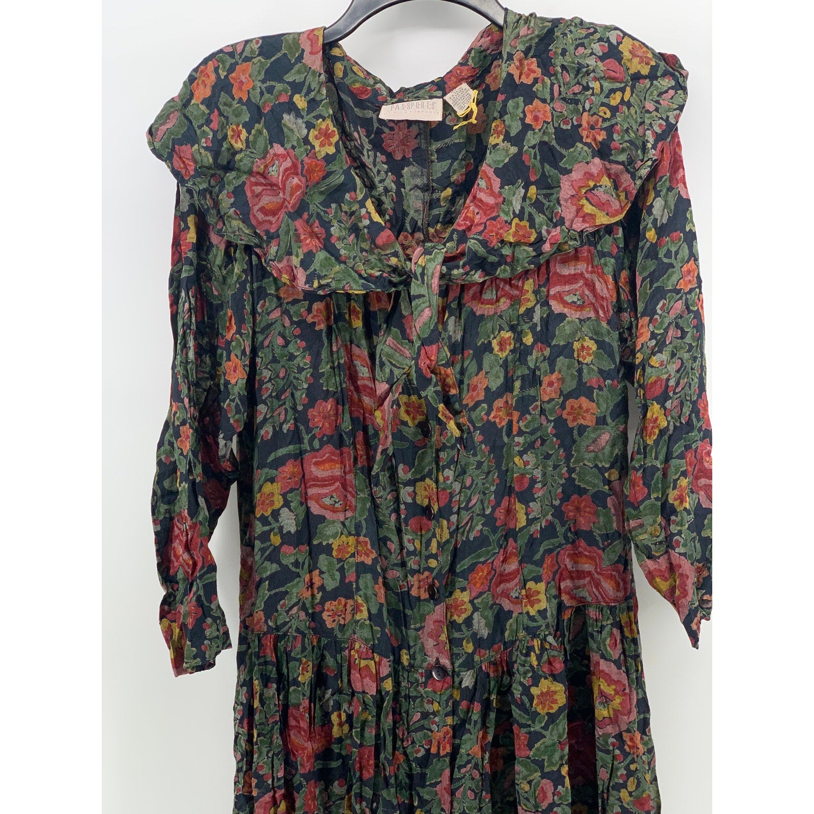 PASSPORTS OF PIER 1 IMPORTS Women's Vintage Green Floral Long Sleeve Dress SZ L