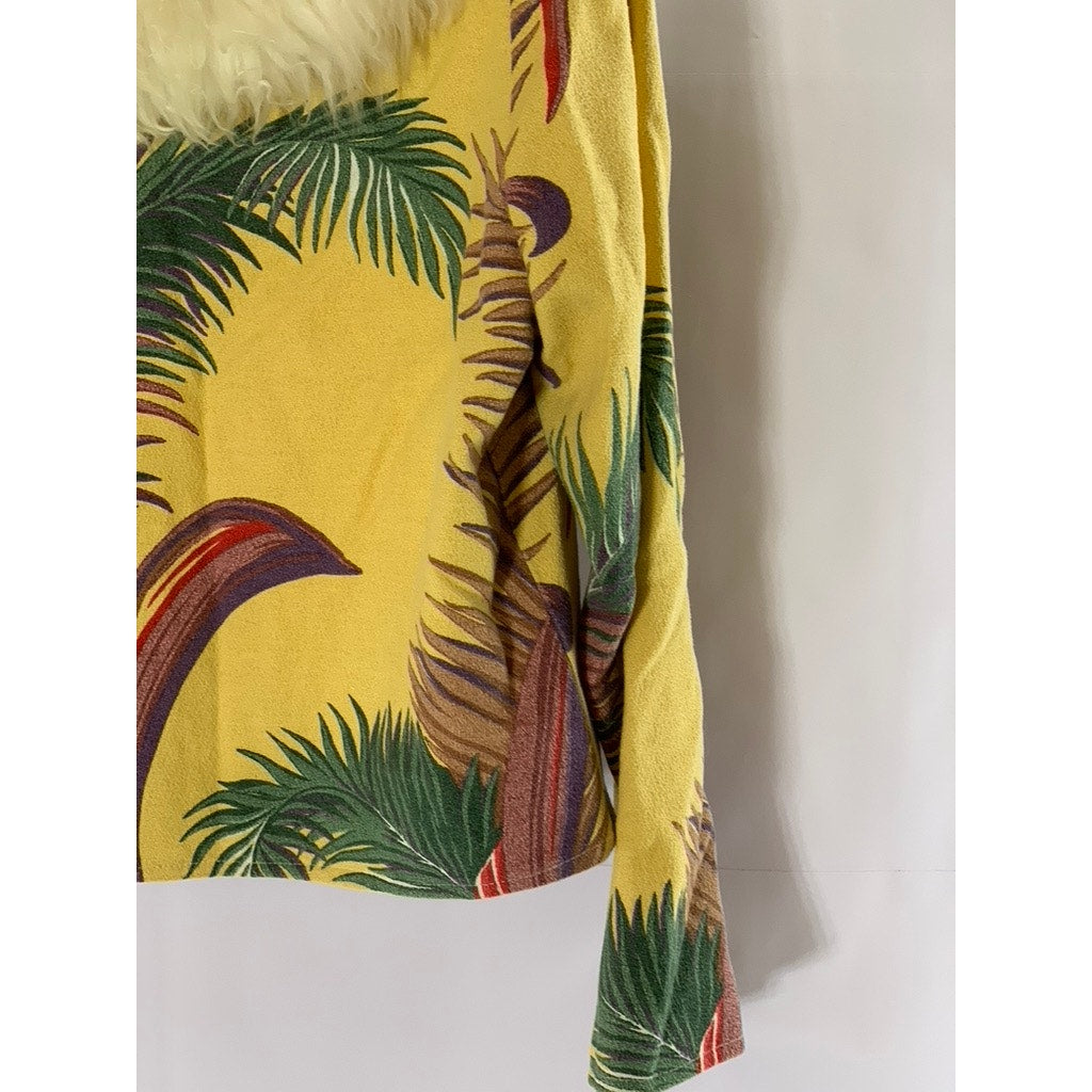 WESTERLY USA Women's Vintage Yellow Floral Fur Collar Zip-Up Jacket SZ M