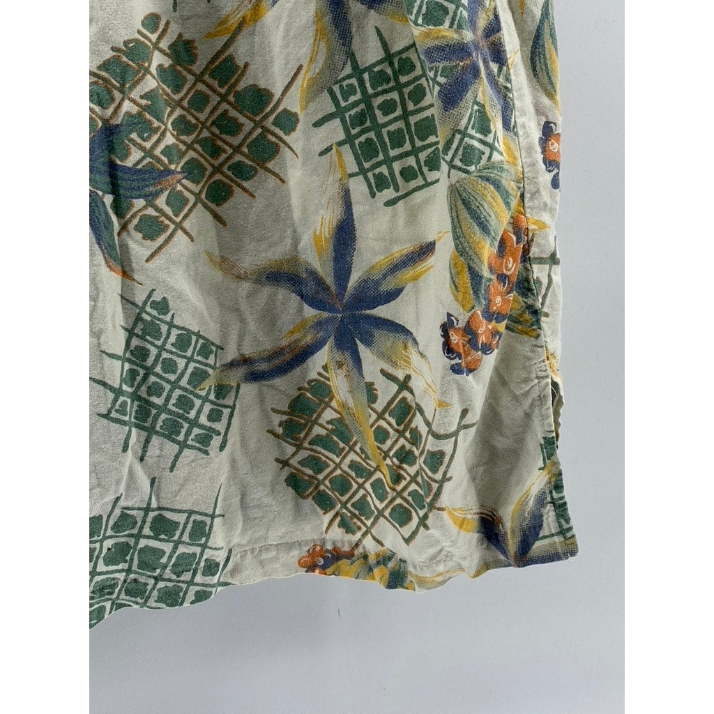 GREAT LAND Men's Vintage White-Green Regular-Fit Button-Up Hawaiian Shirt SZ L