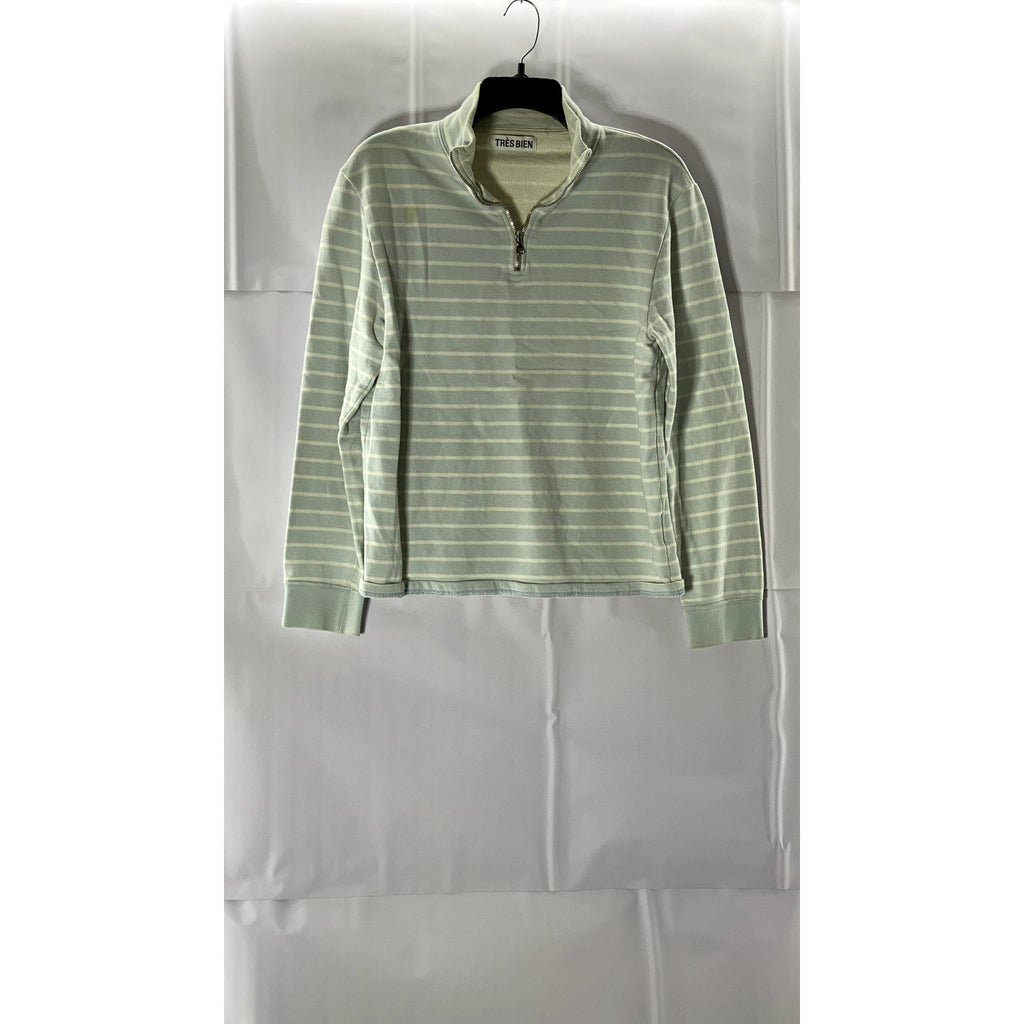 TRES BIEN Women's Green/Cream Striped Quarter-Zip Pullover Sweater SZ S