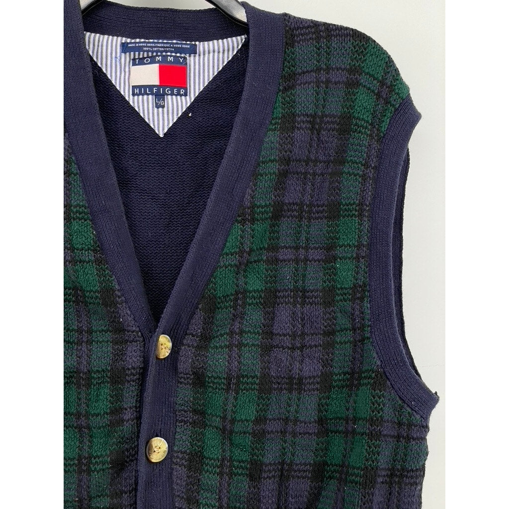 TOMMY HILFIGER Men's Blue-Green Plaid Button-Down Vest SZ L