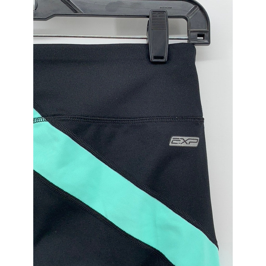 EXPCORE Women's Black-Teal Striped Cropped Leggings SZ S