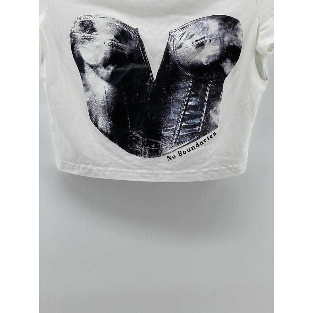 SHEIN Women's White-Black Corset Print No Boundaries Crewneck Cropped Top SZ 6