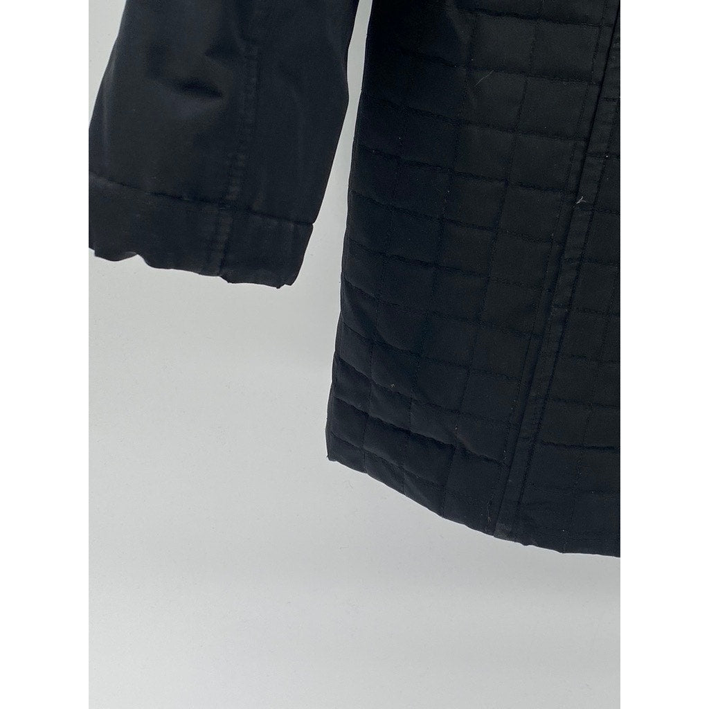 TALBOTS Women's Black Grid Velvet Trim Hooded Zip-Up Jacket SZ S
