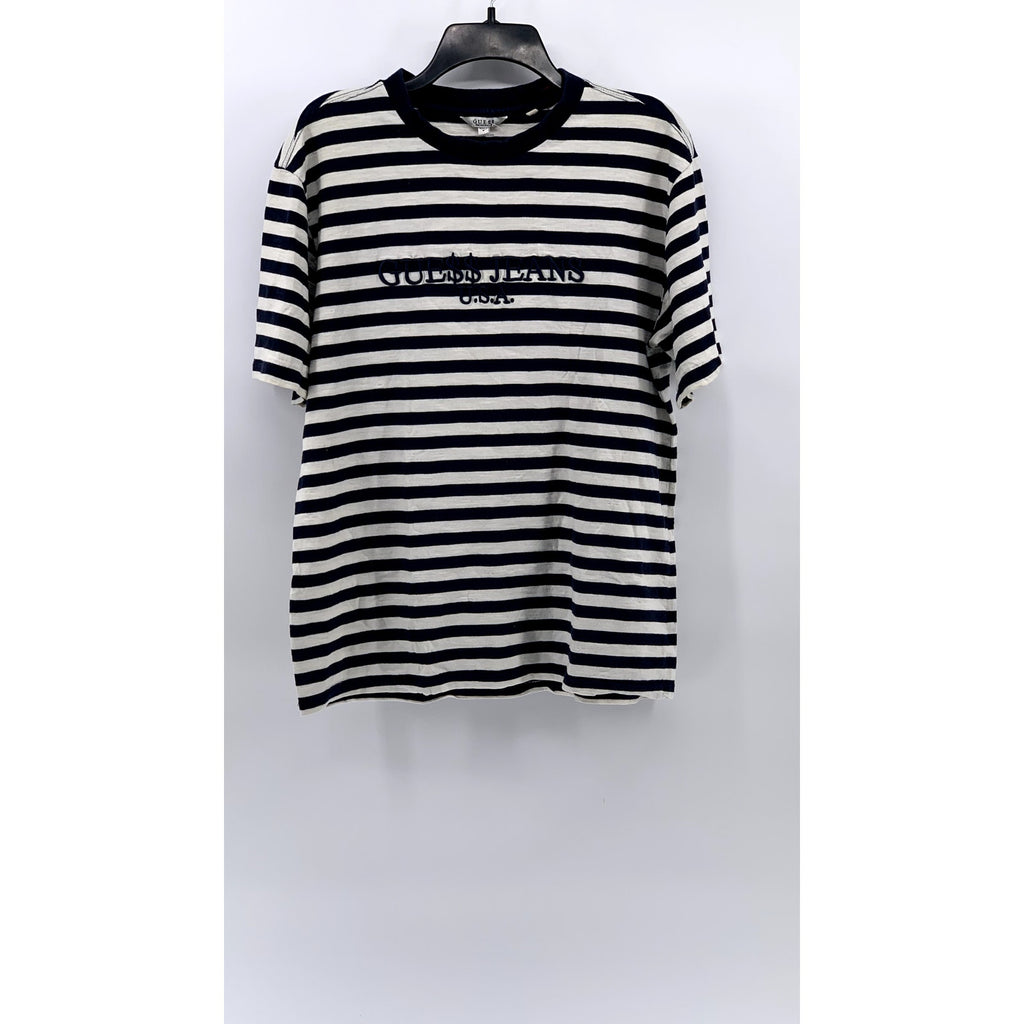 GUESS Men's Navy-White Striped Embroidered Short Sleeve T-Shirt SZ S