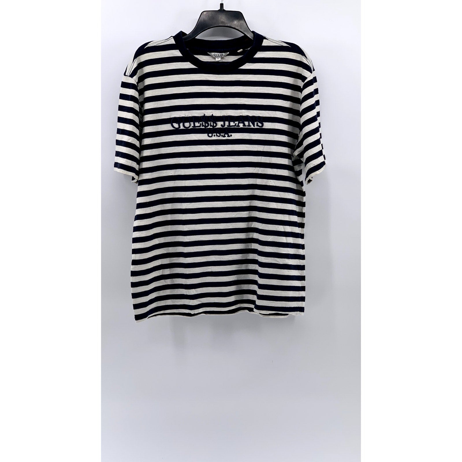 GUESS Men's Navy-White Striped Embroidered Short Sleeve T-Shirt SZ S