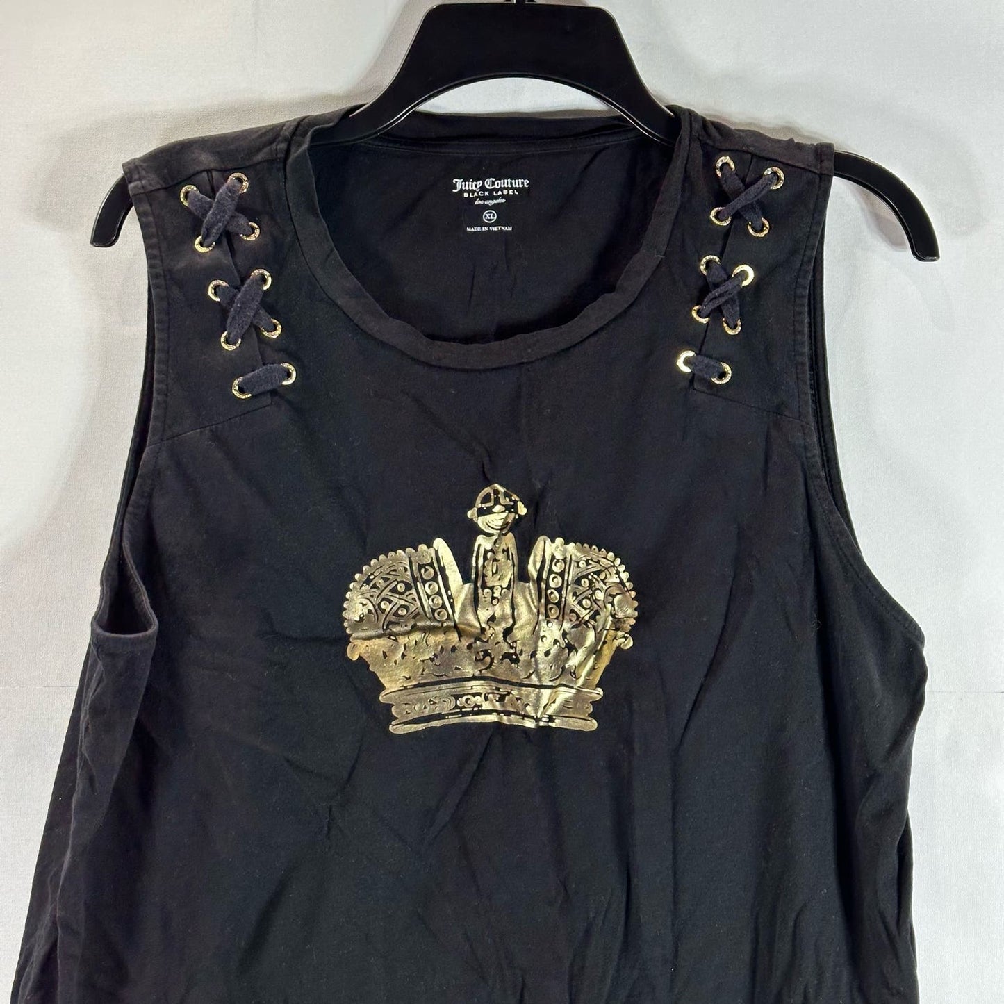 JUICY COUTURE Black Label Women's Black/Gold Crown Lace-Up Shoulder Tank SZ XL