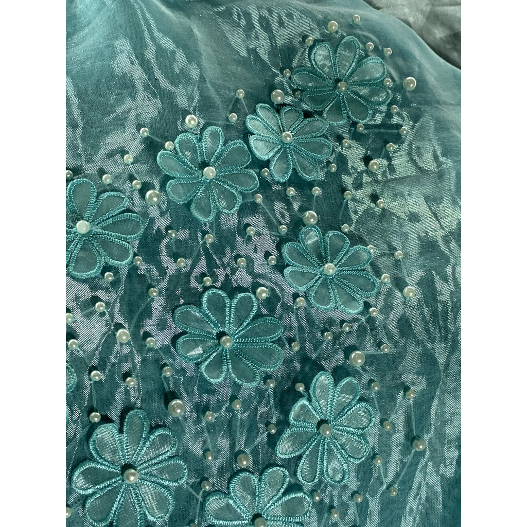 OANH NQA Women's Blue/Green Sheer 3-D Floral Long Sleeve Kurta SZ S
