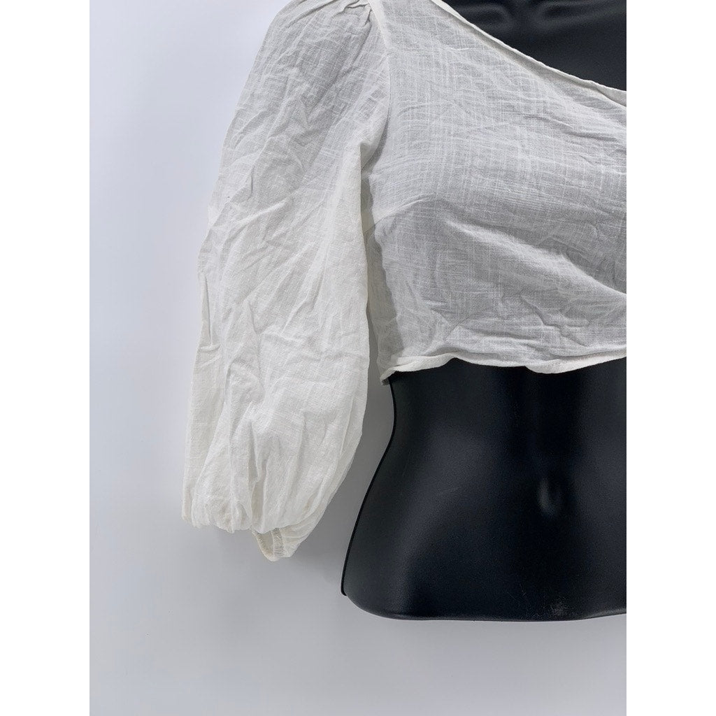 SHEIN Women's White One Shoulder Long Sleeve Side-Tie Semi-Sheer Crop Top SZ4