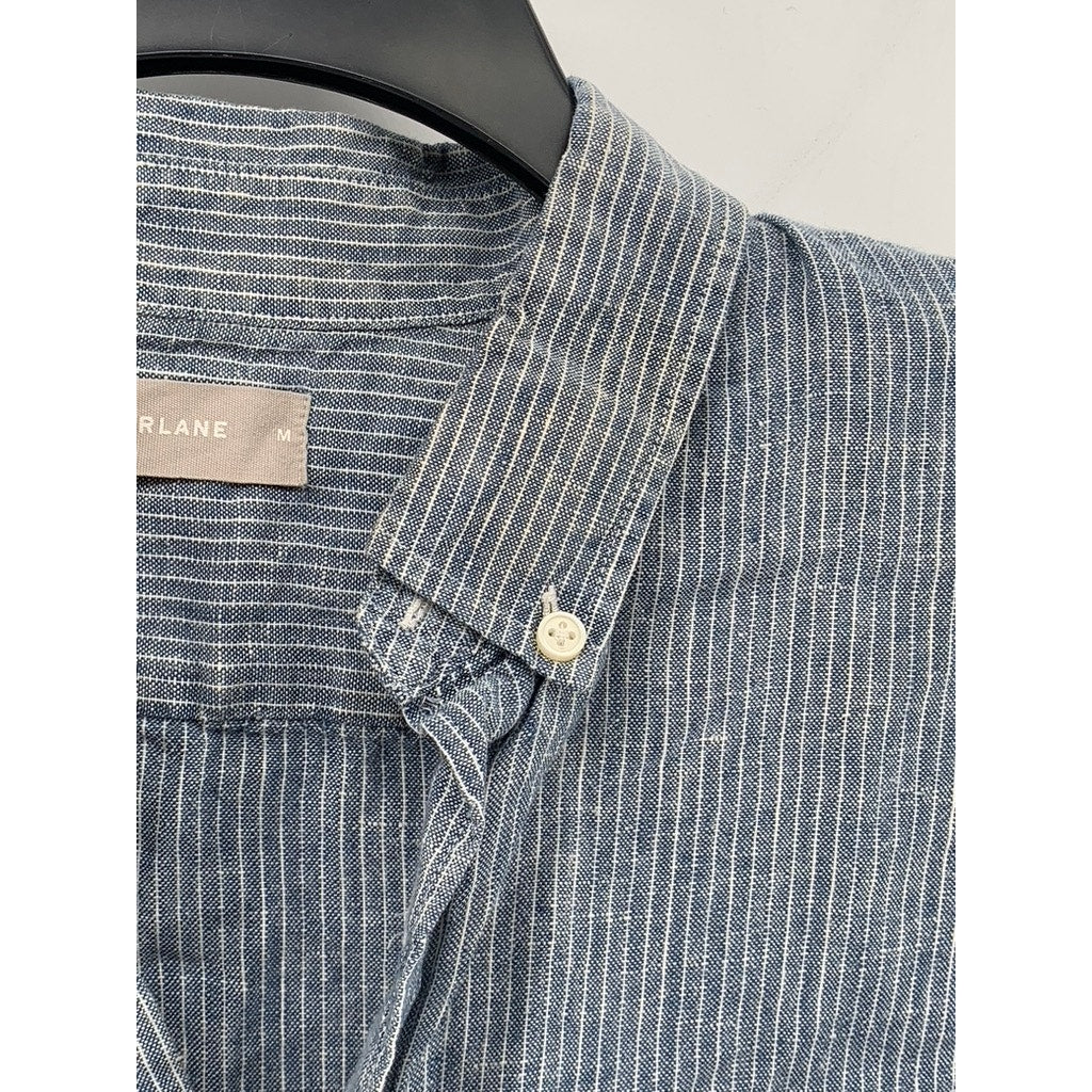 EVERLANE Men's Blue-White Micro Striped Linen Button-Up Short Sleeve Shirt SZ M