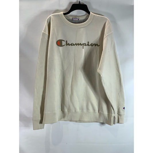 CHAMPION Men's Beige Crewneck Script Logo Powerblend Regular-Fit Sweatshirt SZXL