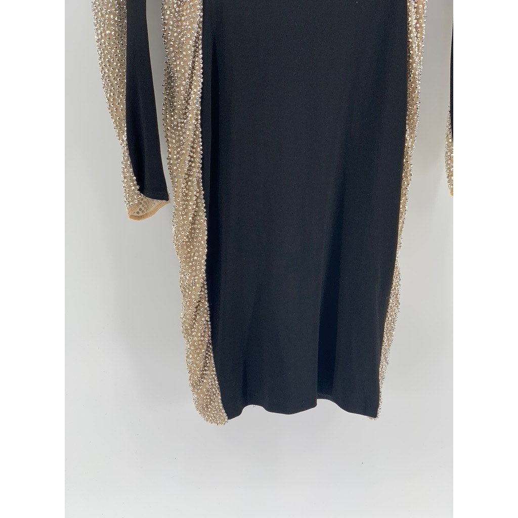 AQUA Women's Beige-Black Beaded Scoop-Neck Long Sleeve Illusion Shift Dress SZ 2