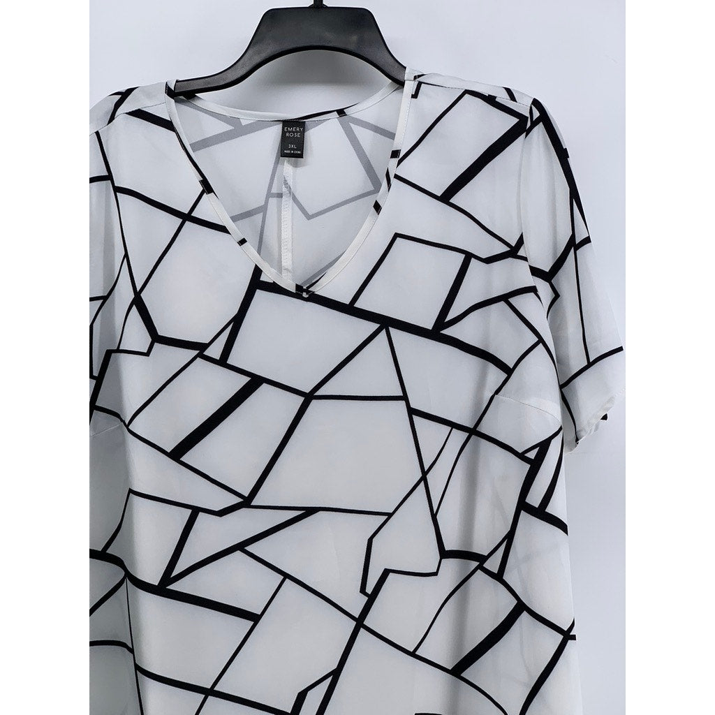 EMERY ROSE Women's White-Black Abstract Print V-Neck Short Sleeve Dress SZ 3XL