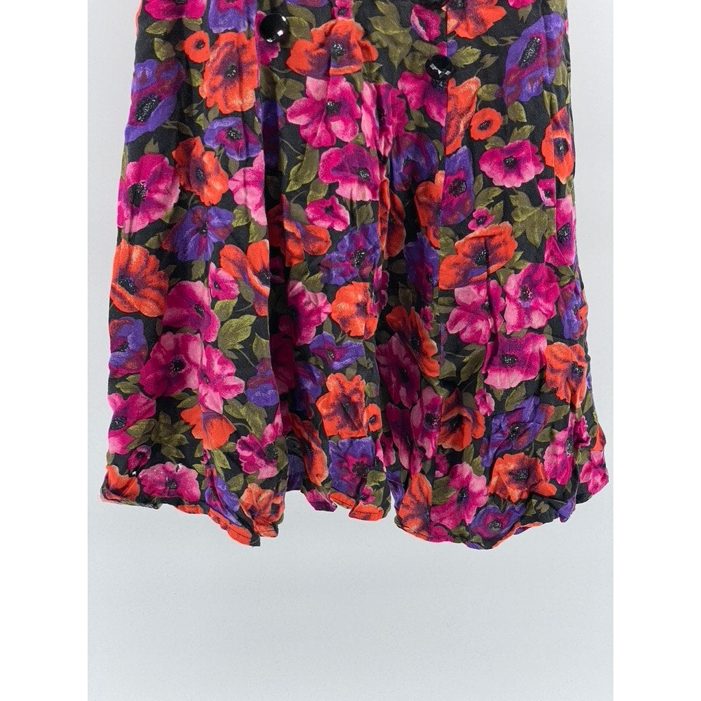 UNBRANDED Women's Orange-Purple Floral Button-Detail V-Neck Mini Dress SZ S