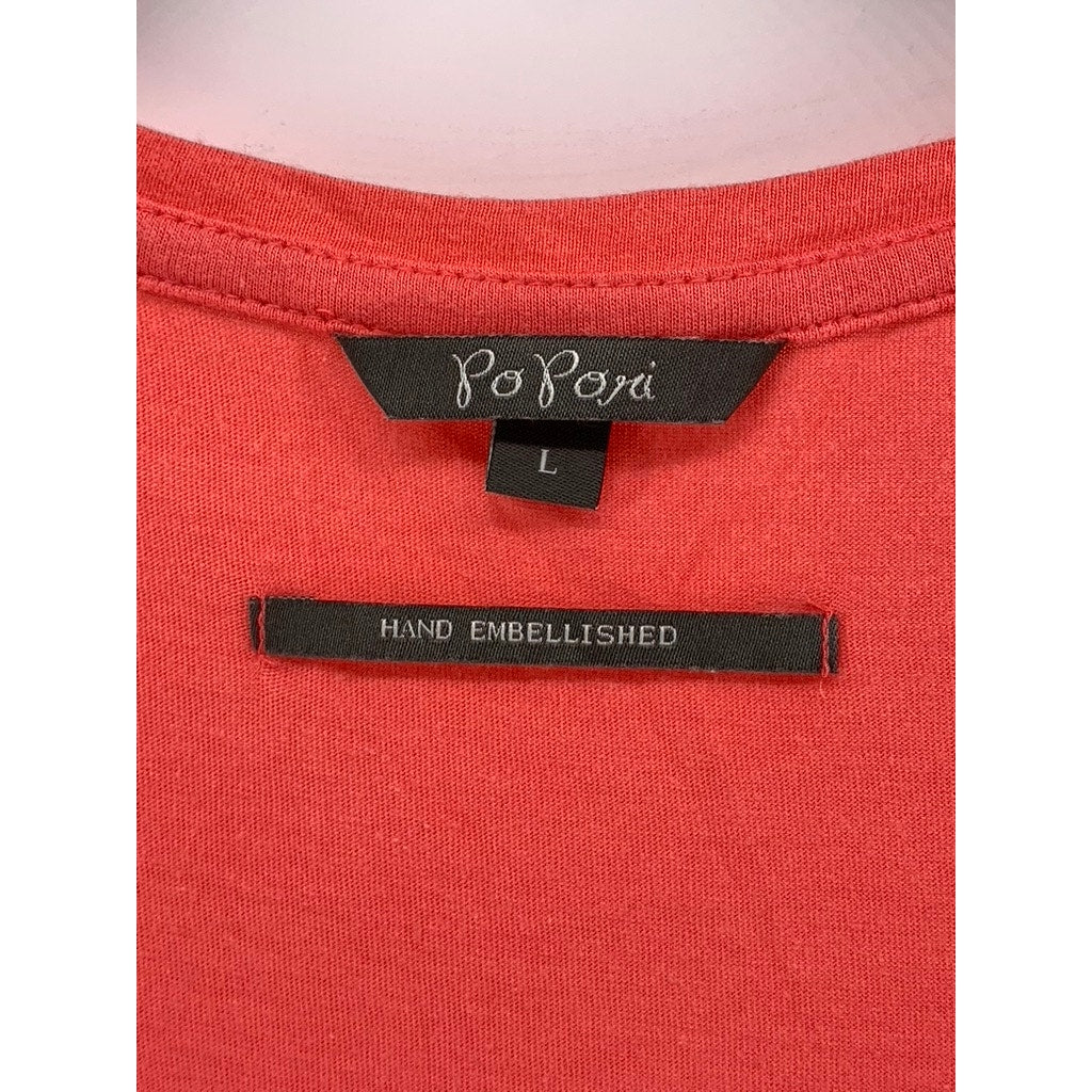POPURI Women's Orange Hand Embellished Floral Short Sleeve Top SZ L