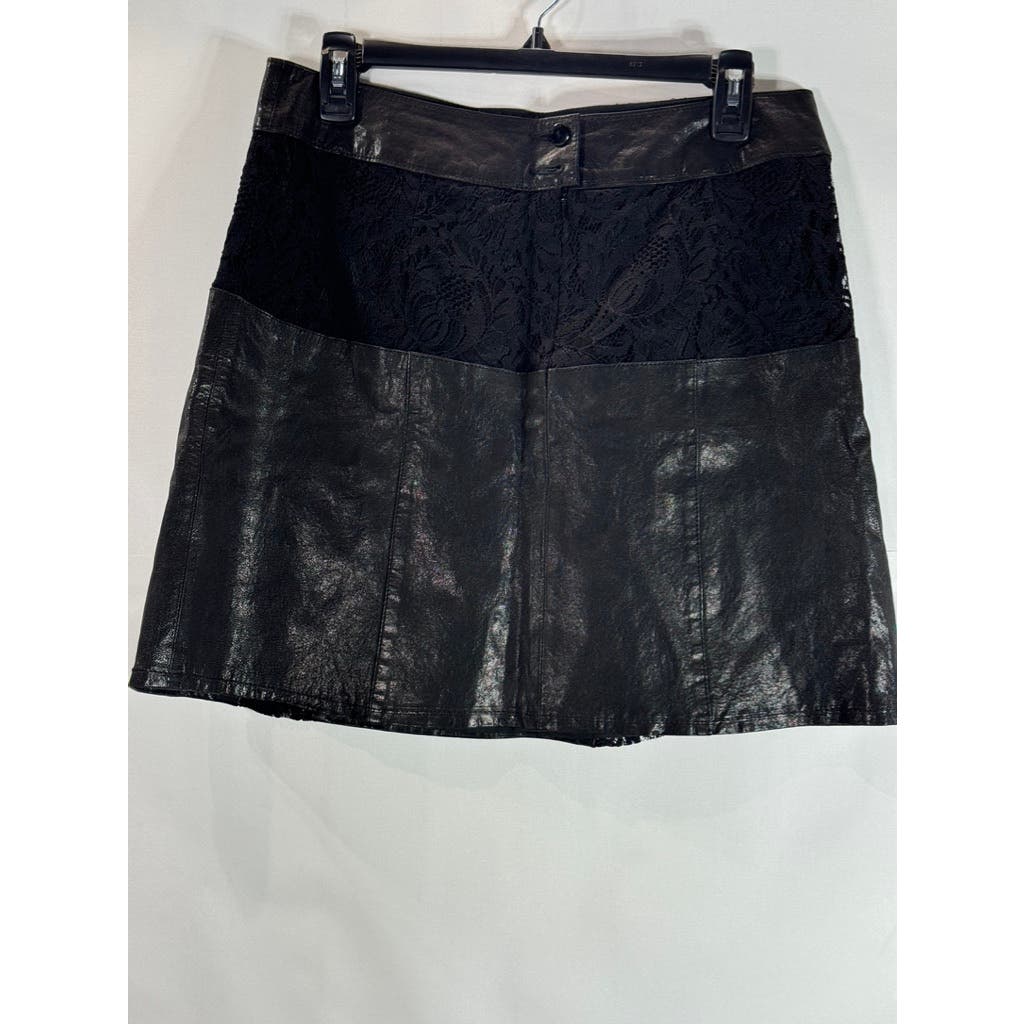 NANETTE LEPORE Women's Black Leather Lace Detail Back Button Mini Skirt SZ 8